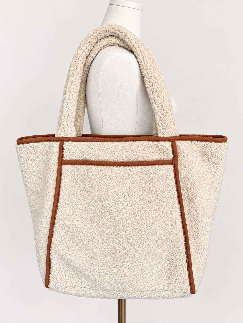 Bay Sky Cream Sherpa Teddy Tote Bag Brown Trim Oversized Boucle Shoulder Bag